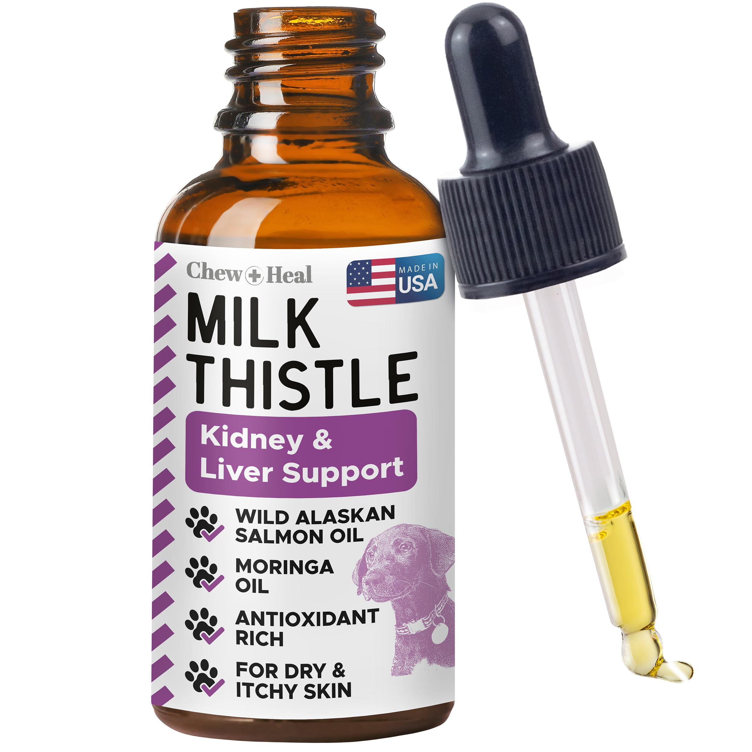 Milk Thistle for Dogs Liver Support - 4 oz Liquid Milk Thistle Supplement for Kidney and Liver Support - with Wild Alaskan Salmon Oil and Moringa Oil - Made in USA