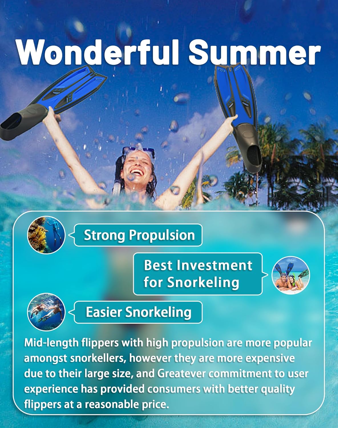 Greatever Snorkel Fins with Full Foot Pocket Durable Long Diving Fins Professional Snorkel Gear for Snorkeling Diving Freediving Adults Men Women