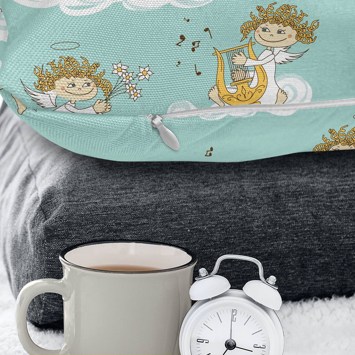 Ambesonne Cartoon Throw Pillow Cushion Cover, Celestial Melody Vibes Wingy Little Ones with Harps Flowers Clouds Print, Decorative Rectangle Accent Pillow Case, 36