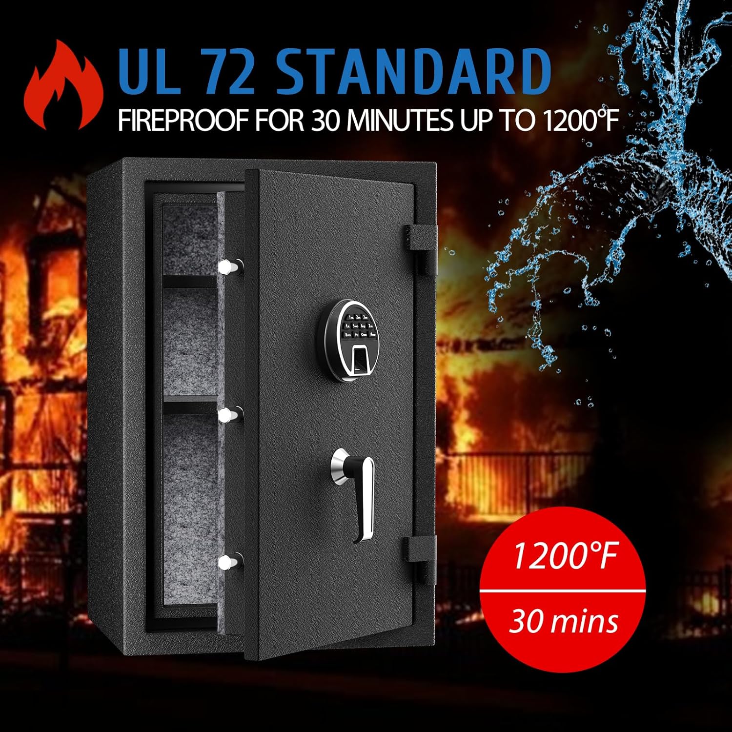 Graphic illustrating the WASJOYE safe's UL 72 fireproof standard, showing fire and water resistance symbols.