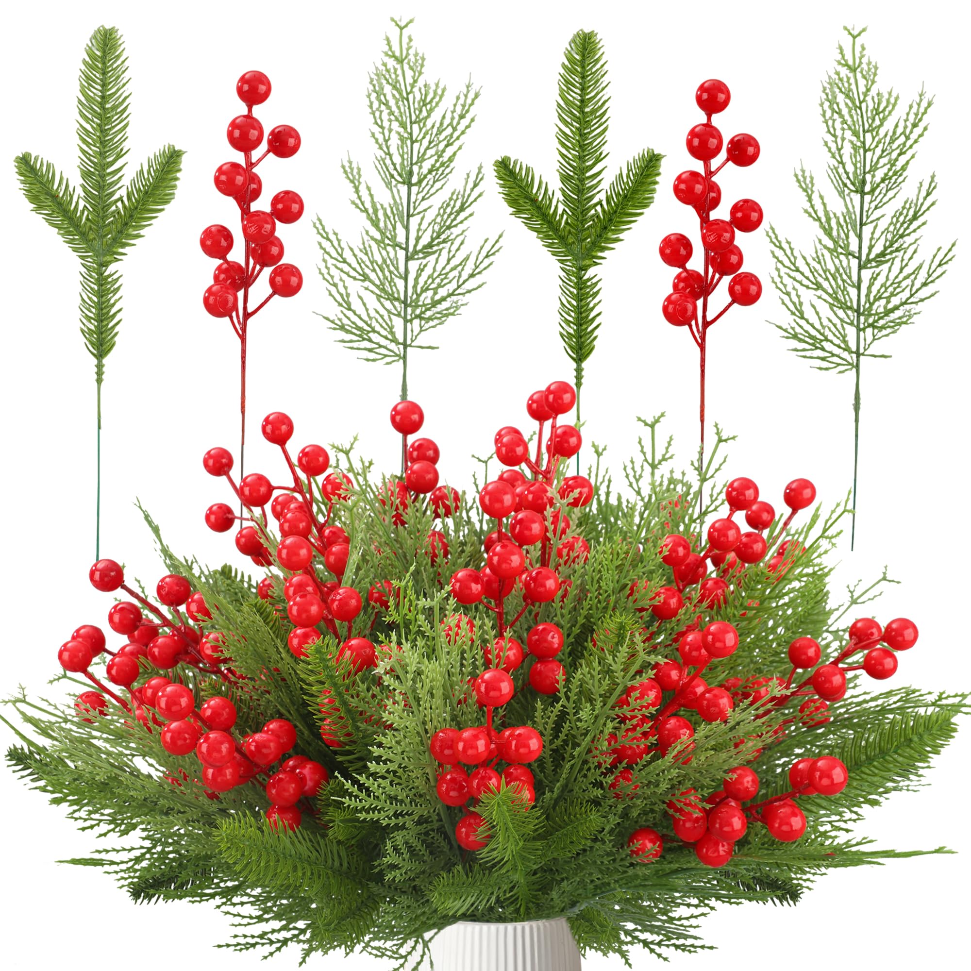 Künstliche Tannenzweige für Weihnachten, 20,3 cm, künstliche rote Beerenstiele, 34,3 cm, künstliche künstliche Tannen, Nadeln, DIY-Handwerk, Dekorationen für Weihnachtsbaum, DIY-Kranz, Girlande
