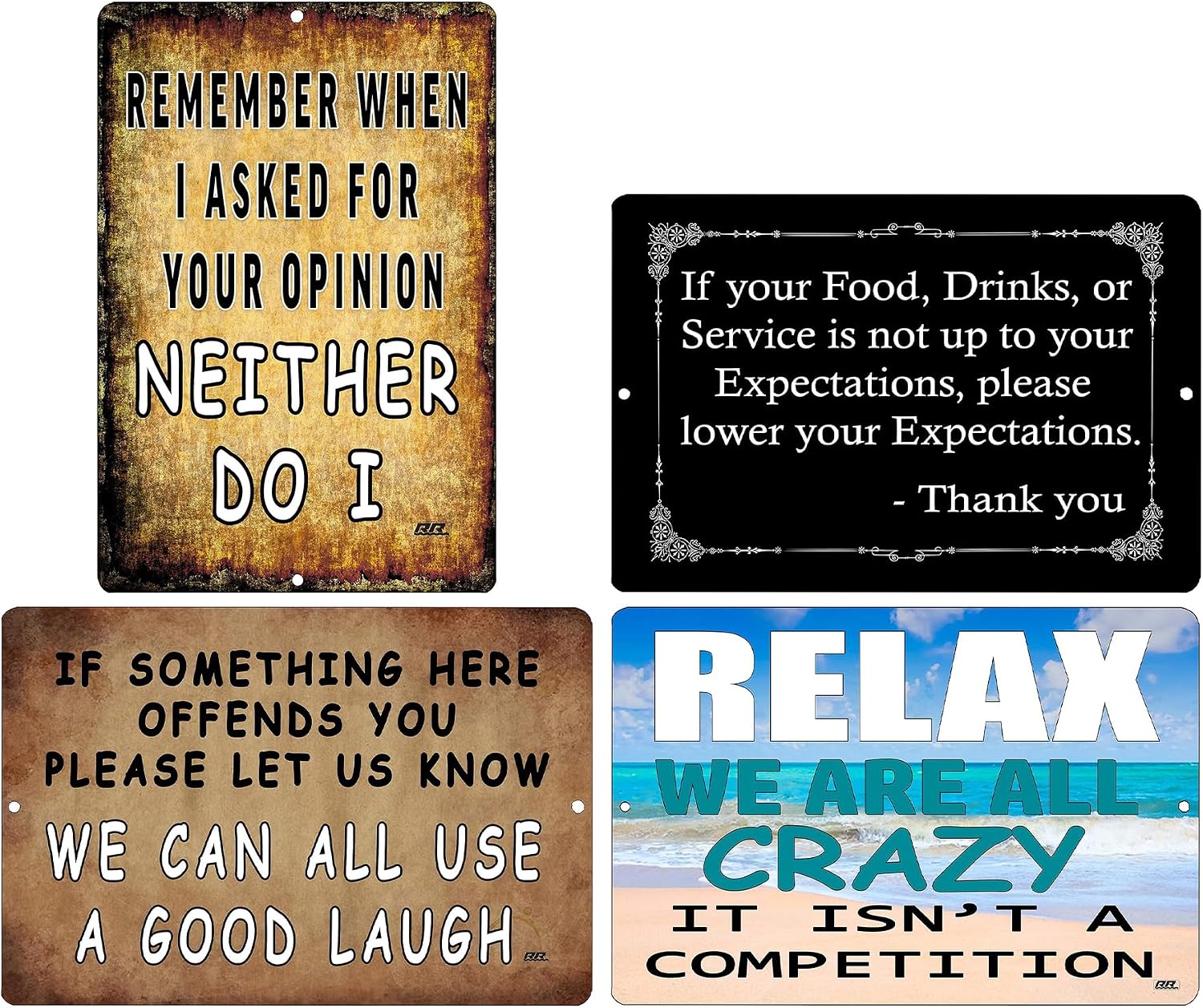 Rogue River Tactical Funny Sarcastic Metal Tin Bundle of Signs, Four 12x8 Inch, Wall Decor -Man Cave Gift Set Bar Bedroom Office Combo Lower Your Expectations, A Good Laugh, Remember opinion, Relax