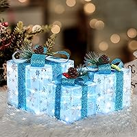 Vista 7 de Juego de 3 cajas de regalo iluminadas de Navidad, cajas de regalo preiluminadas con 60 LED, cajas de regalo plateadas con luces blancas