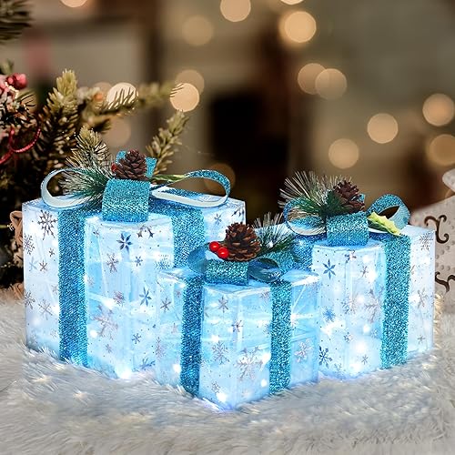 Miniatura 7 de Juego de 3 cajas de regalo iluminadas de Navidad, cajas de regalo preiluminadas con 60 LED, cajas de regalo plateadas con luces blancas,
