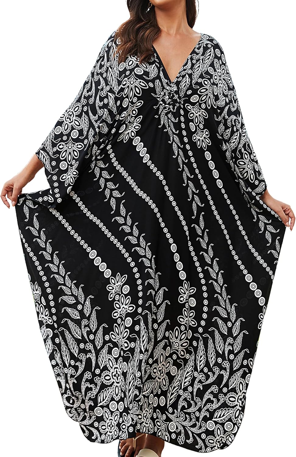 Women's Kaftan Dress Plus Size Moo Moos Print Batwing Sleeves Beach Cover Up for Swimsuit, Lightweight Caftan Dress