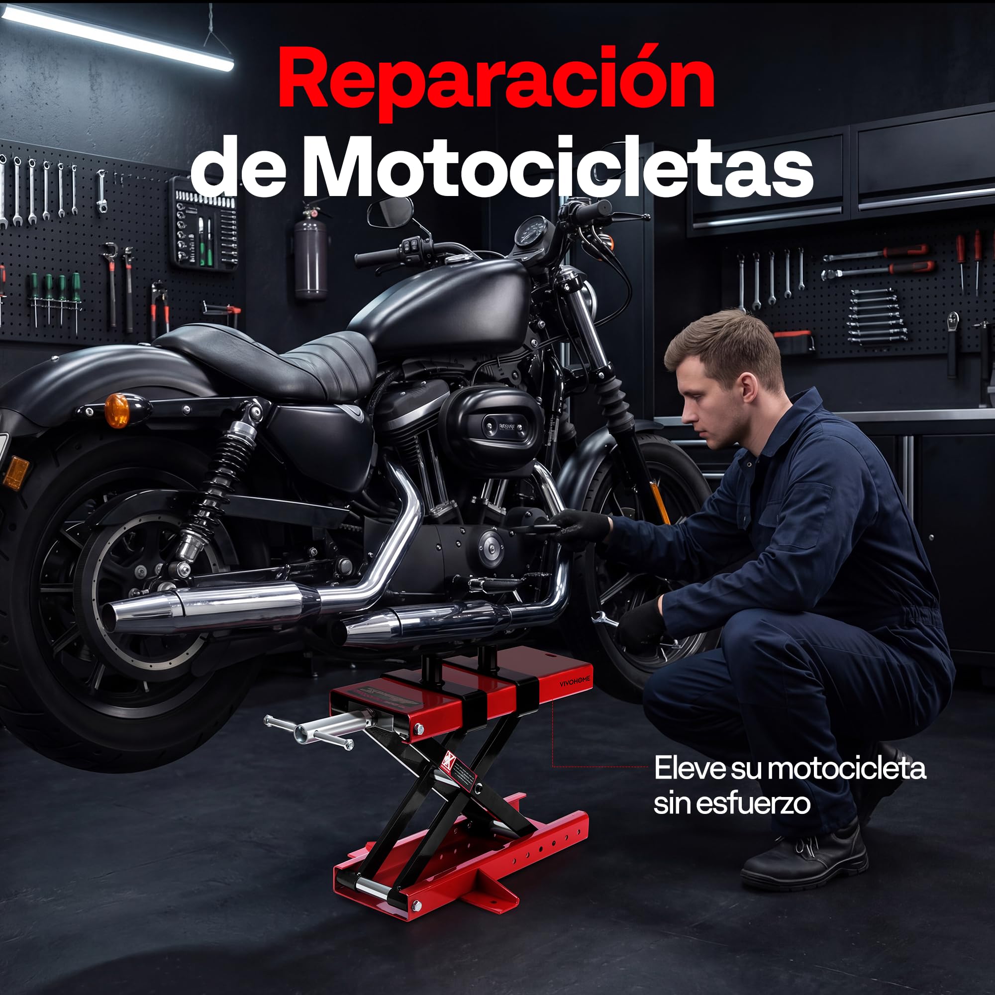 VIVOHOME Elevador Moto 500kg, Soporte para ATV con Plataforma de 14,6x9cm | Estructura de Acero Pesado con Diseño de Refuerzo Lateral para Mayor Estabilidad y Durabilidad Prolongada en el Taller
