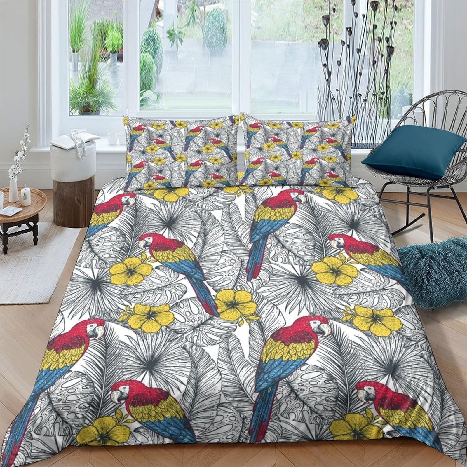 GPLZQXKJNH 3D Printed Parrot Floral Duvet Cover Microfiber Soft Breathable Jungle Bedding Set with 2 Pillowcases for Bedroom Decor Single（135x200cm）