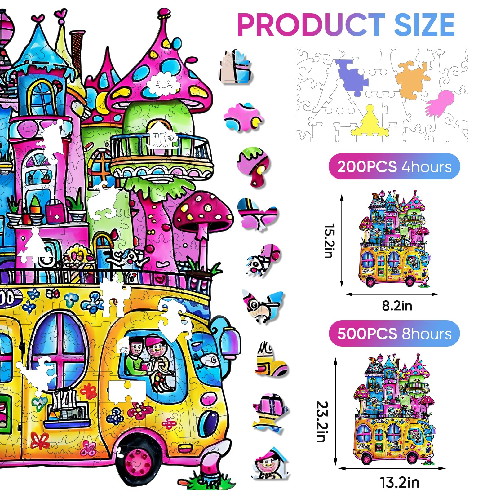 delobil Casse-tête en bois pour adultes, puzzle de voiture de 500 pièces, forme unique de bus scolaire pour adultes et enfants, casse-tête amusant pour la maison, cadeau de famille, 58,1 x 33,2 cm