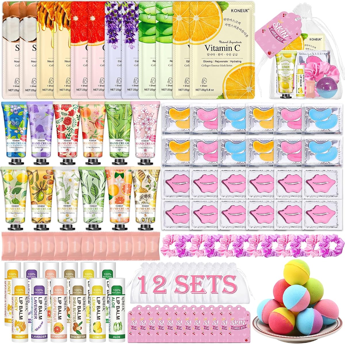 120 piezas de suministros para fiestas de spa para mujeres, suministros para fiestas de pijamas de cumpleaños de spa | Los obsequios para fiestas de spa incluyen mascarillas faciales, cuidado de la piel, crema de manos, bálsamo labial, parches debajo de los ojos, mascarilla labial y bombas para baño de pies.