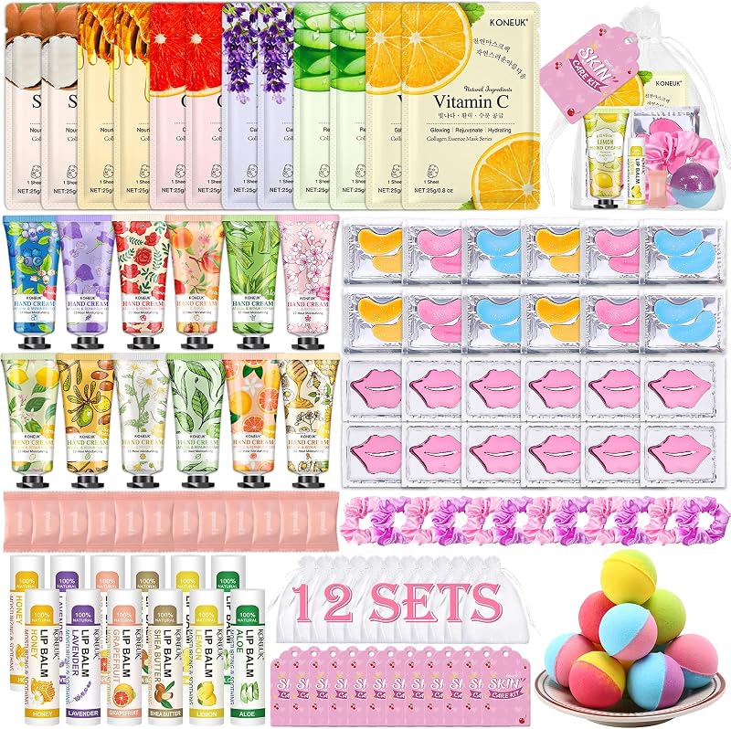 120 piezas de suministros para fiestas de spa para mujeres, suministros para fiestas de pijamas de cumpleaños de spa | Los obsequios para fiestas de spa incluyen mascarillas faciales, cuidado de la piel, crema de manos, bálsamo labial, parches debajo de los ojos, mascarilla labial y bombas para baño de pies.