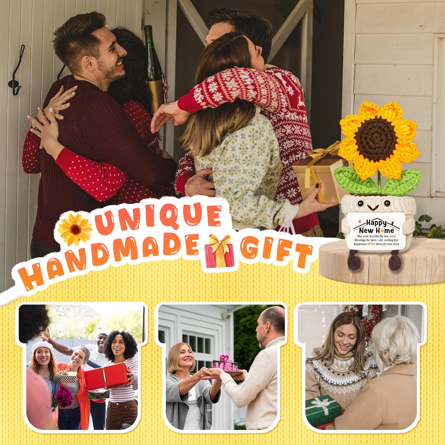 Housewarming Gifts New Home, Handmade Sunflower Crochet Decor with Card