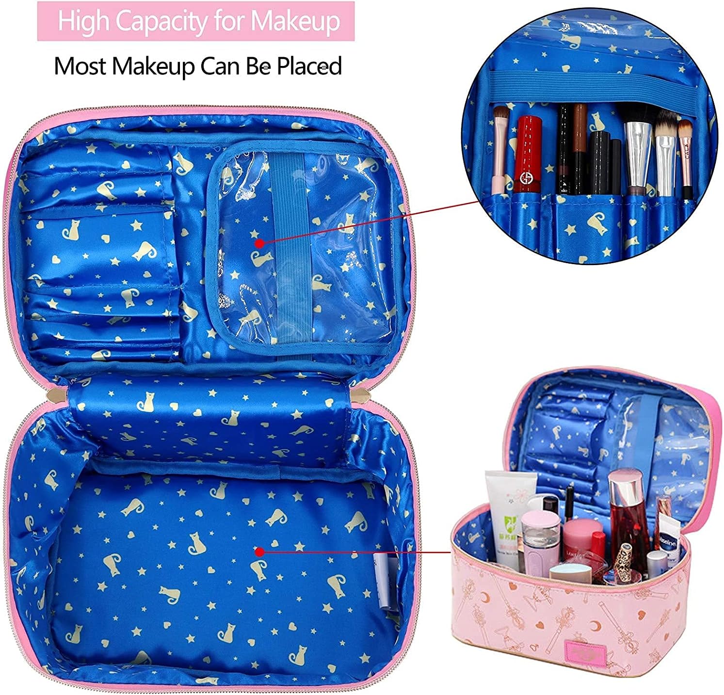 AngelReally Girl Makeup Bag, Cosmetic PU Leather Makeup Bag Portable Travel Cosplay Makeup Bag Organizer Storage Bag Cartoon for Girls Women