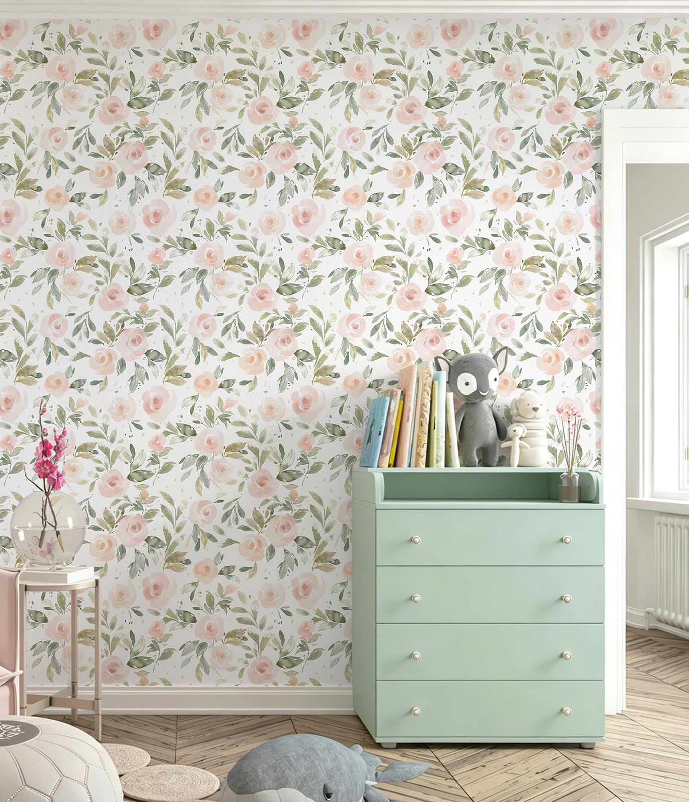 Rouleau de papier peint autocollant rose et vert - 44 x 1000 cm - En vinyle - Motif floral bohème - Amovible - Imperméable - Pour armoires, chambre à coucher, chambre d'enfant, salle à manger