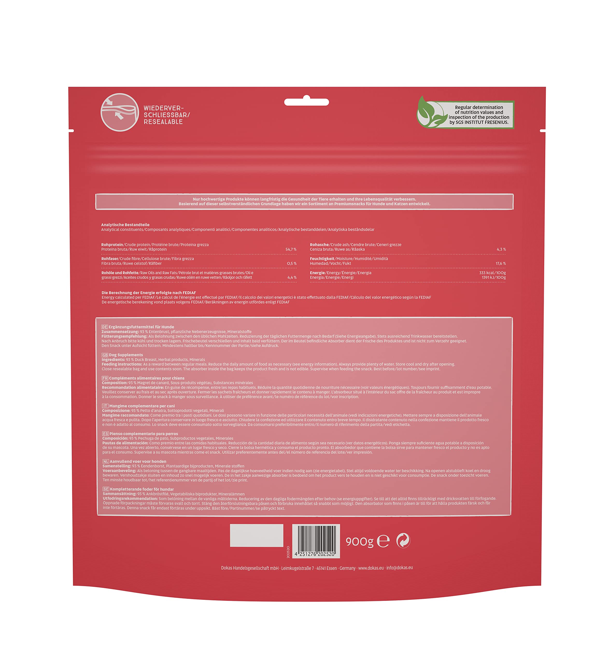 DOKAS Magret de Canard en tranches - Snack de qualité supérieure sans céréales pour Chiens - en Filet de Canard - 1 x 900 g