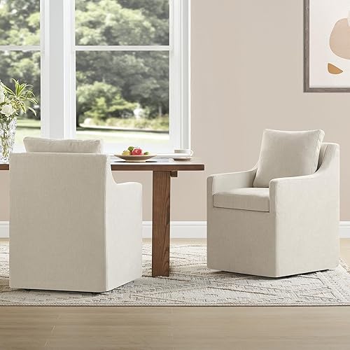 Miniatura 3 de Sillas de comedor tapizadas con ruedas, cubierta lavable, silla de escritorio lateral con rodillos para comedor, sala de estar, beige crema, 1 caja