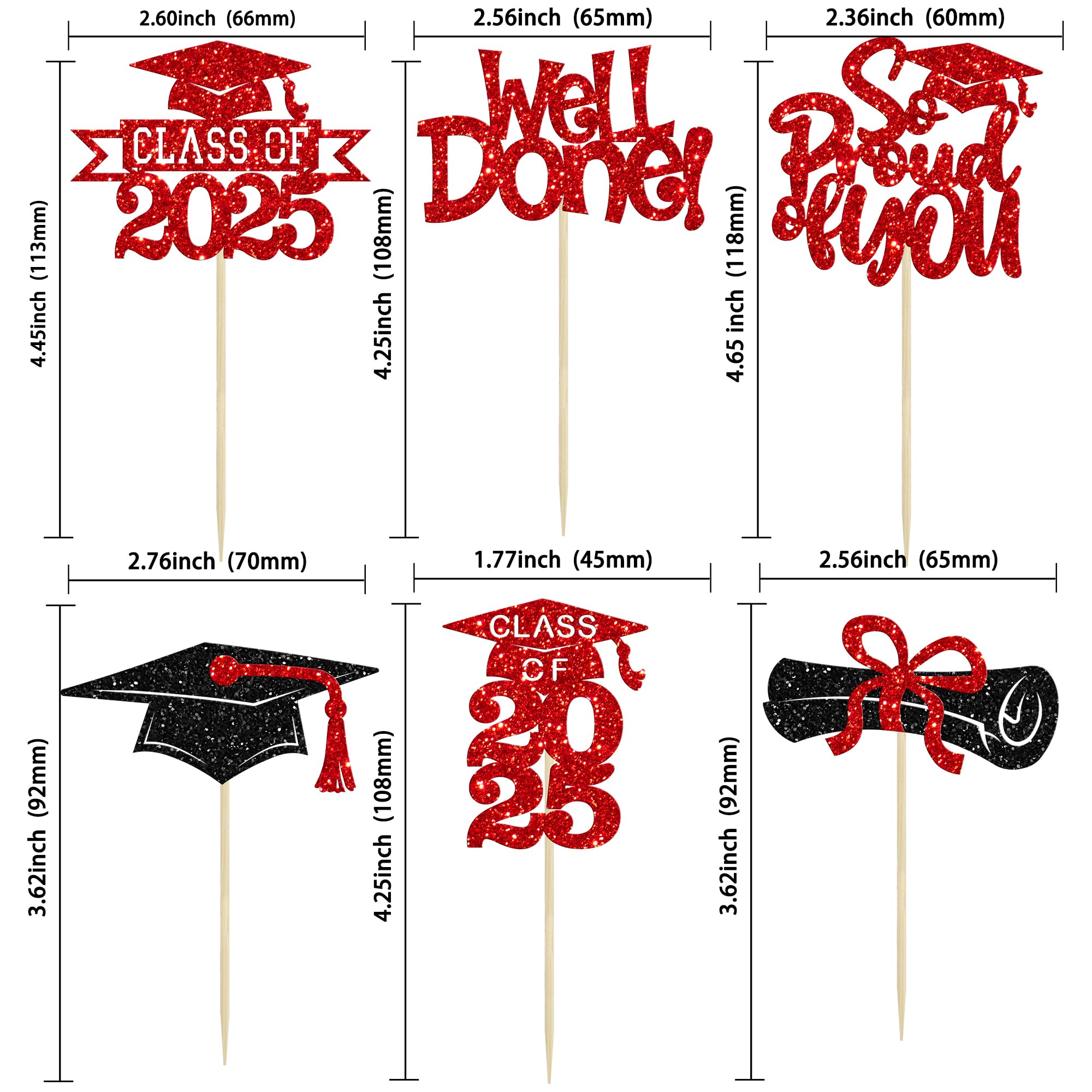 Gyufise 24Pcs Congrats Grad 2026 Cupcake Toppers Glitter 2026 Graduation Done Diploma Cupcake Picks Class of 2026 Cupcake Decorations for 2026 Graduation Theme Party Supplies Red - Image 2