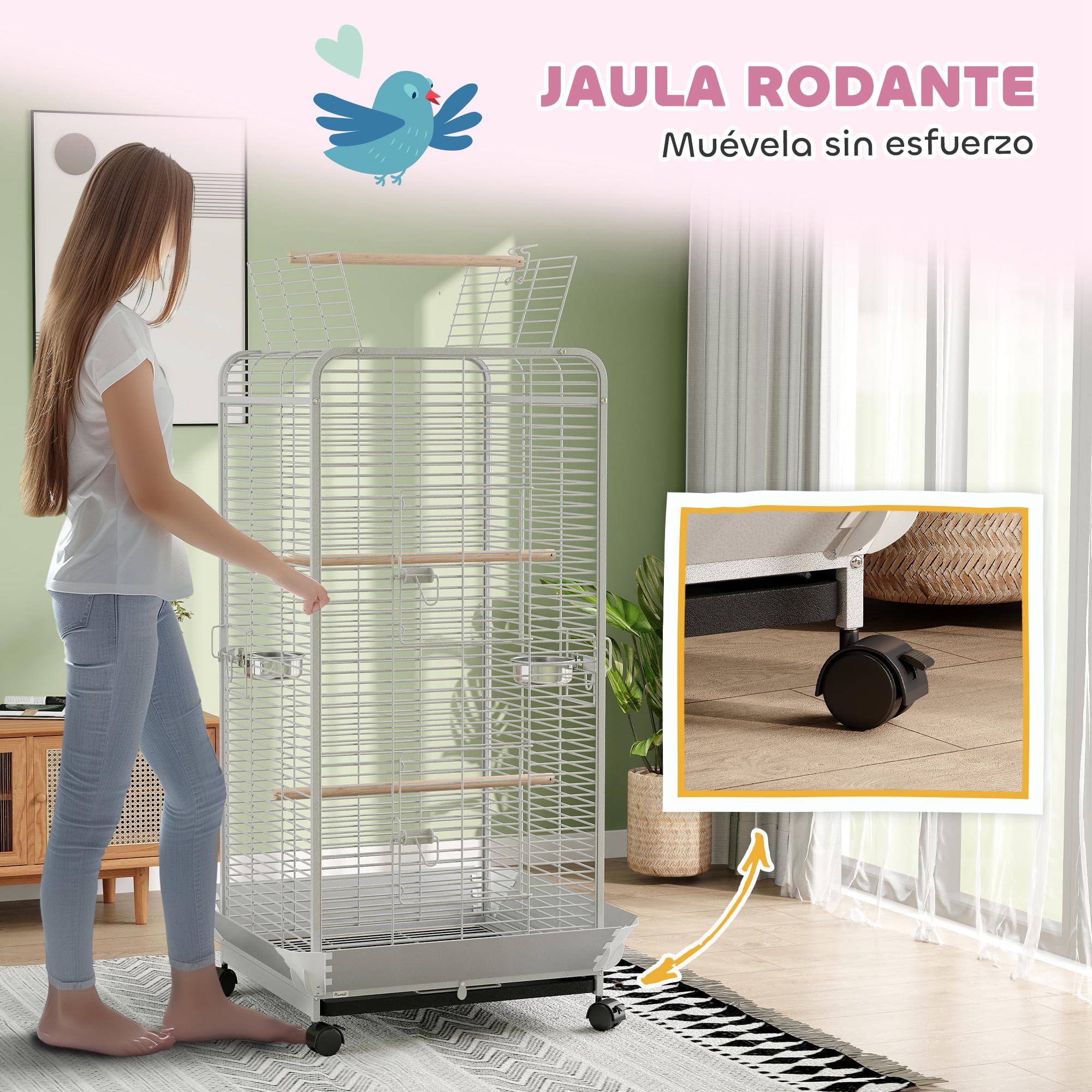 PawHut Jaula para Pájaros con Ruedas Jaula para Loros Bandeja Desmontable y Perchas Comederos Pajarera para Cotorras Cacatúas 79x73x146 cm Gris Claro