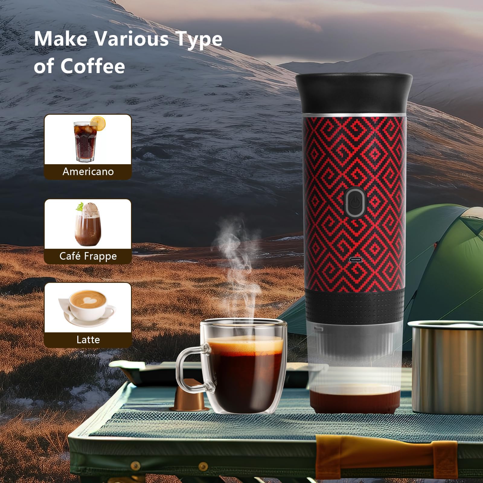 HX HECLX Juego de cafetera de regalo para camping, máquina de espresso eléctrica portátil a pilas, cafetera recargable, cápsula de café molido autocalentable para RV, senderismo (rojo)
