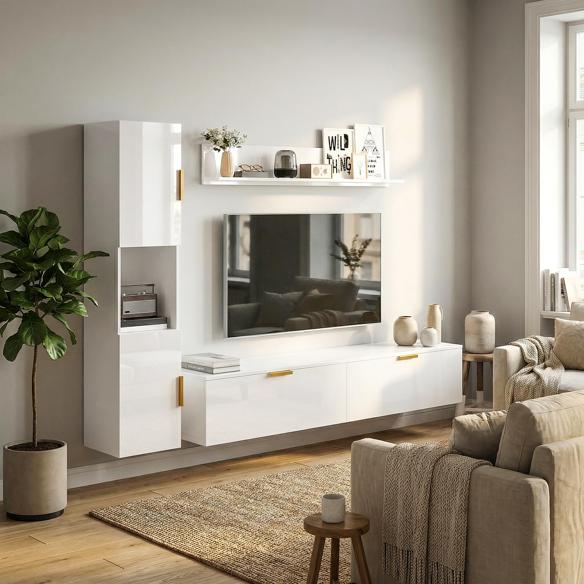 HOMCOM Meuble Mural pour Salon avec étagère Murale et Armoire de Rangement, Ensemble TV 3 pièces, Meuble TV avec Portes battantes, pour téléviseurs jusqu'à 55 Pouces, Blanc Brillant