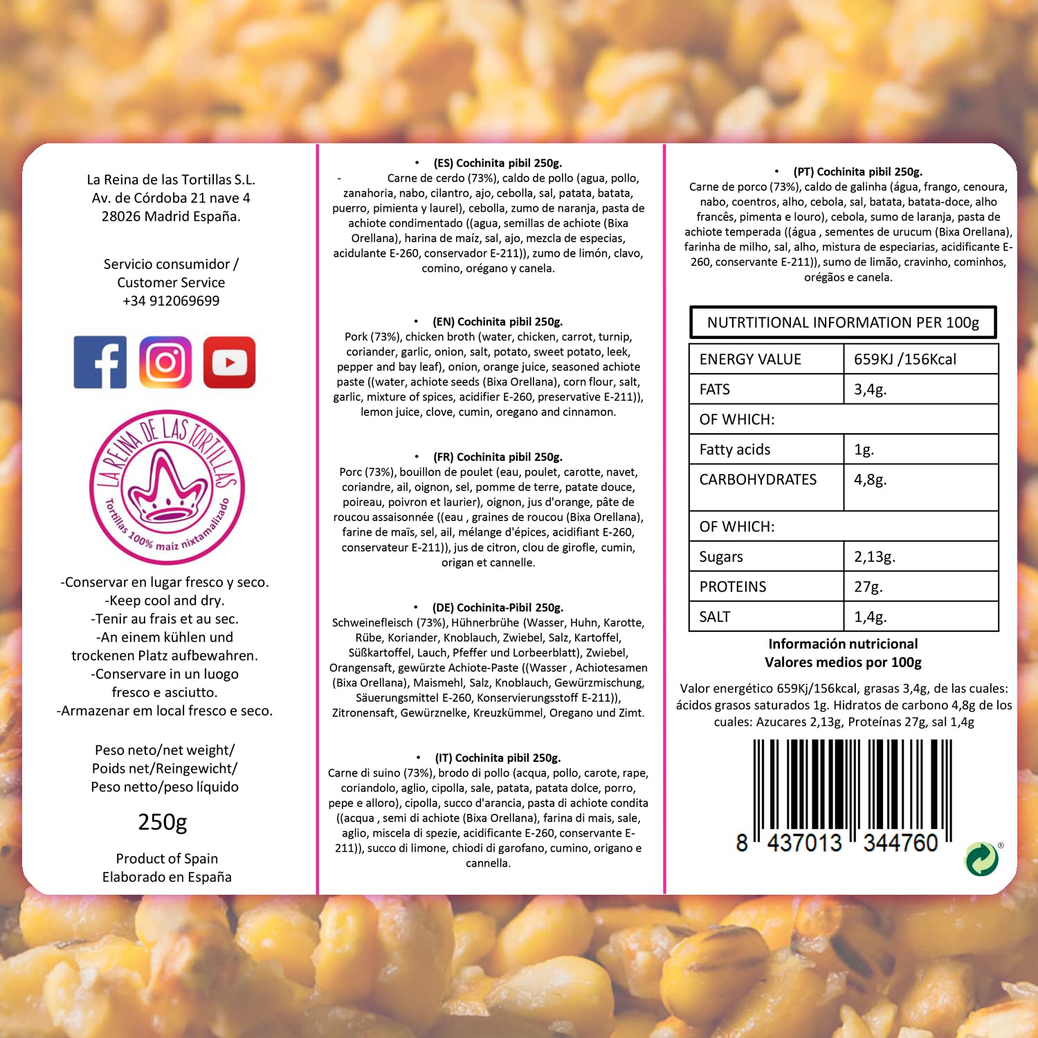 La Reina de las Tortillas - Líder europeo en gastronomía artesanal mexicana - Cochinita pibil. Plato tradicional de la península de Yucatán listo para calentar y servir. 250g. 6 raciones aprox - 2