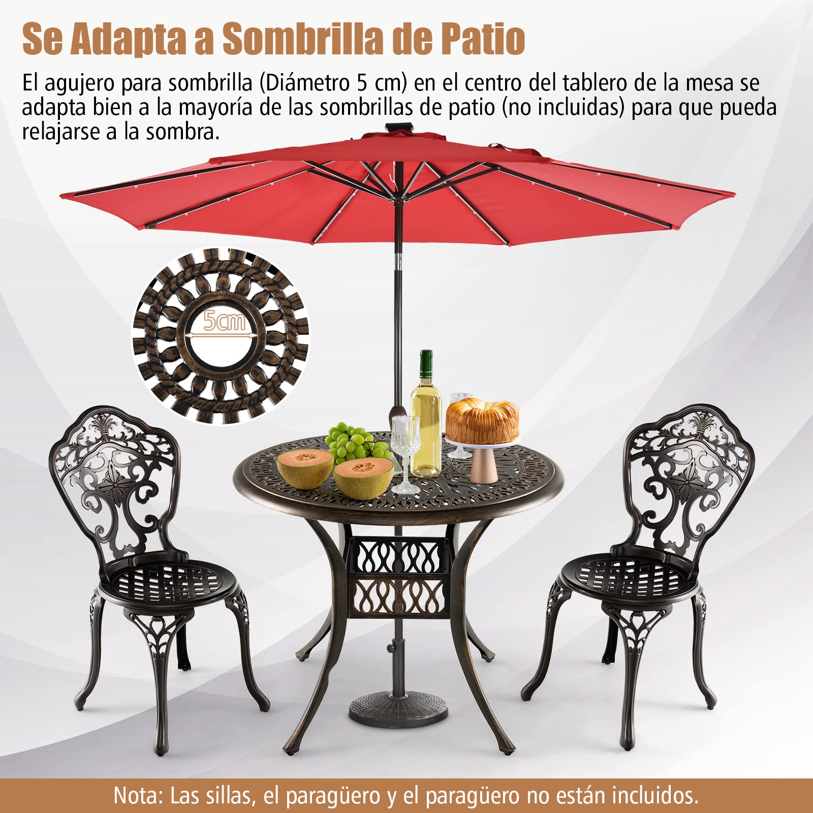 COSTWAY Mesa Jardin Exterior 90x74 cm, Agujero de Sombrillas, Mesa Redonda Terraza, Aluminio Fundido, Balcon Jardin Terraza Exterior, Carga 91kg, Negro y Bronce (Redonda)