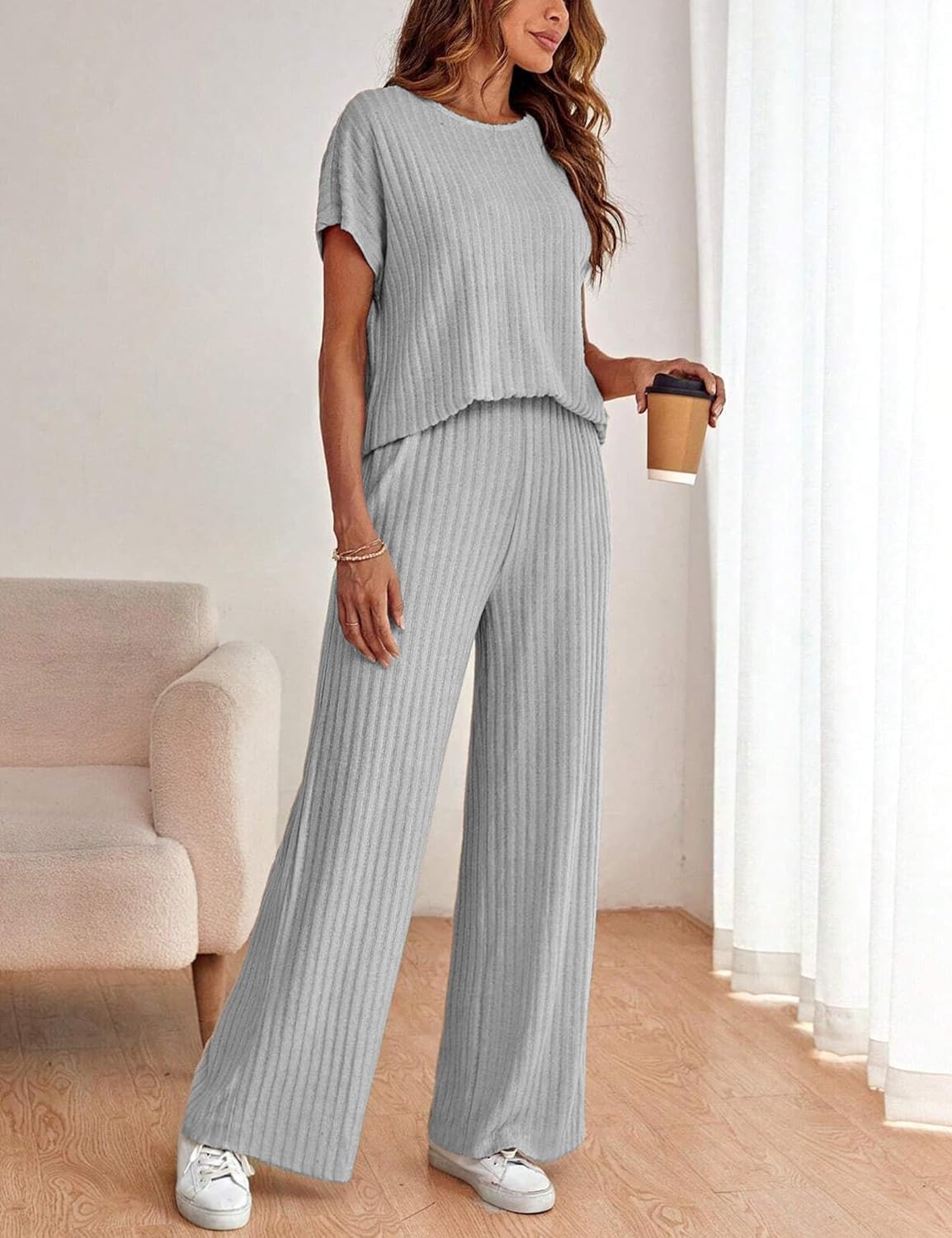 LTSCNRM Women's 2two Piece Outfits Sweater Sets Casual Loose Knit Crewneck Short Sleeve Tops Wide Leg Pants - Image 2