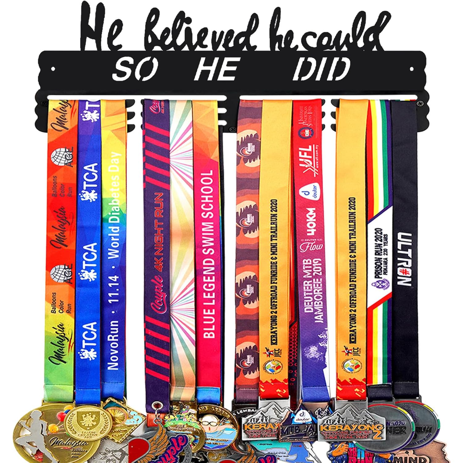 Goutoports Medal Holder Display Hanger Rack Frame for Sport Race Runner- He Believed He Could - Sturdy Black Steel Metal Over 60 Medals Easy to Install