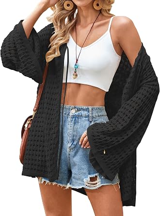 Angashion Womens Crochet Cardigan Sweaters Lightweight Knitted Long Batwing Sleeve Hollow Out Tie Front Boho Beach Cover Up