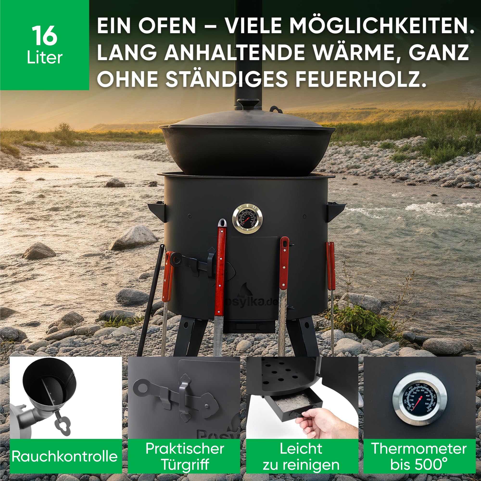 Feuerofen Ø 44cm Herdplatte Ø48 cm Kazan Ø 46,5 cm (16 L) runder Boden Thermometer Schornsteinverlängerung 2Schaumlöffel Schopfkelle 48 cm Schaumlöffel 64 cm (Set - 572)