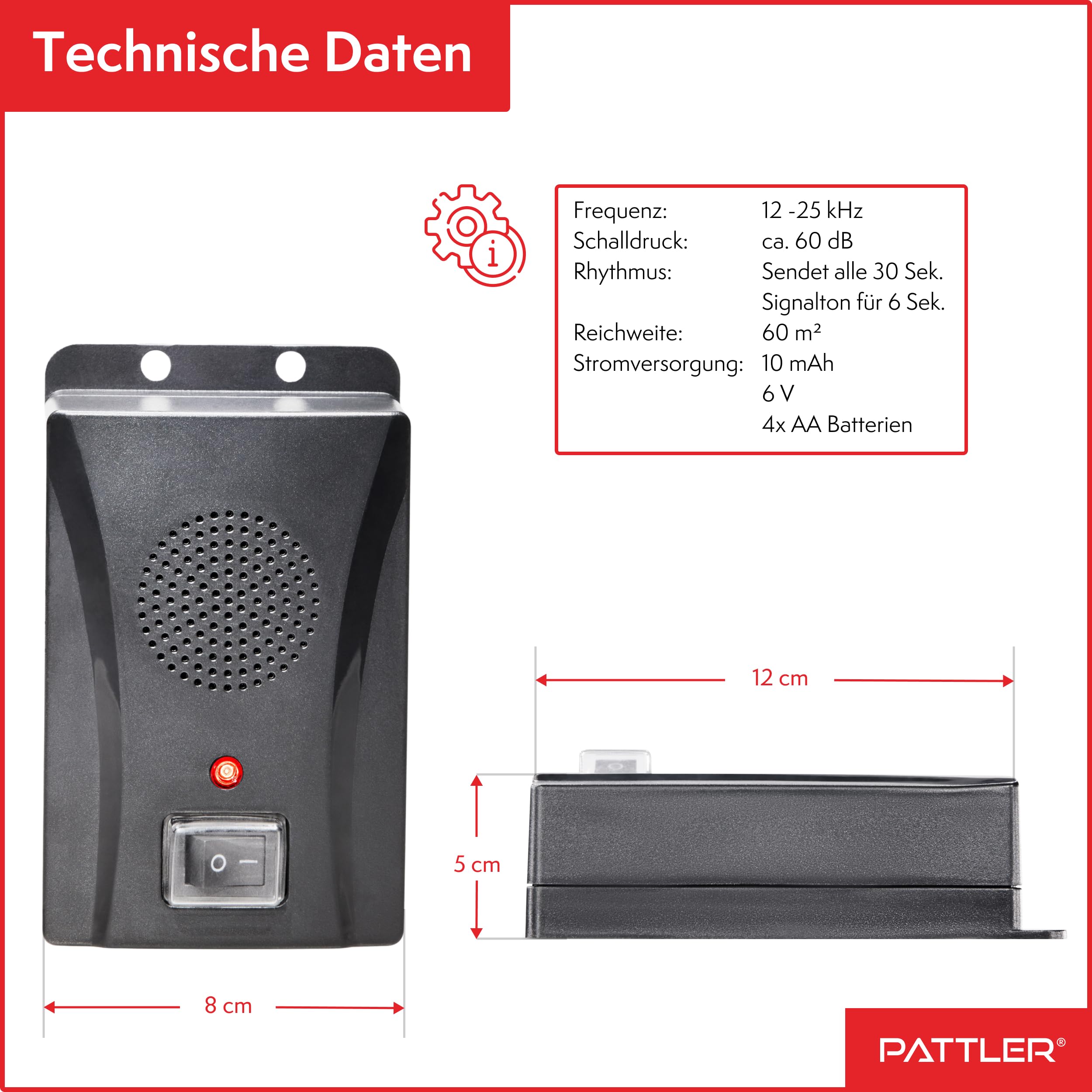 PATTLER Marderschreck Auto Batteriebetrieben mit Ultraschall zur effektiven Marderabwehr und Marderschutz für Auto Garage Dachboden und Haus Anti Gewöhnungseffekt bis 40m² Reichweite - 1 Stück