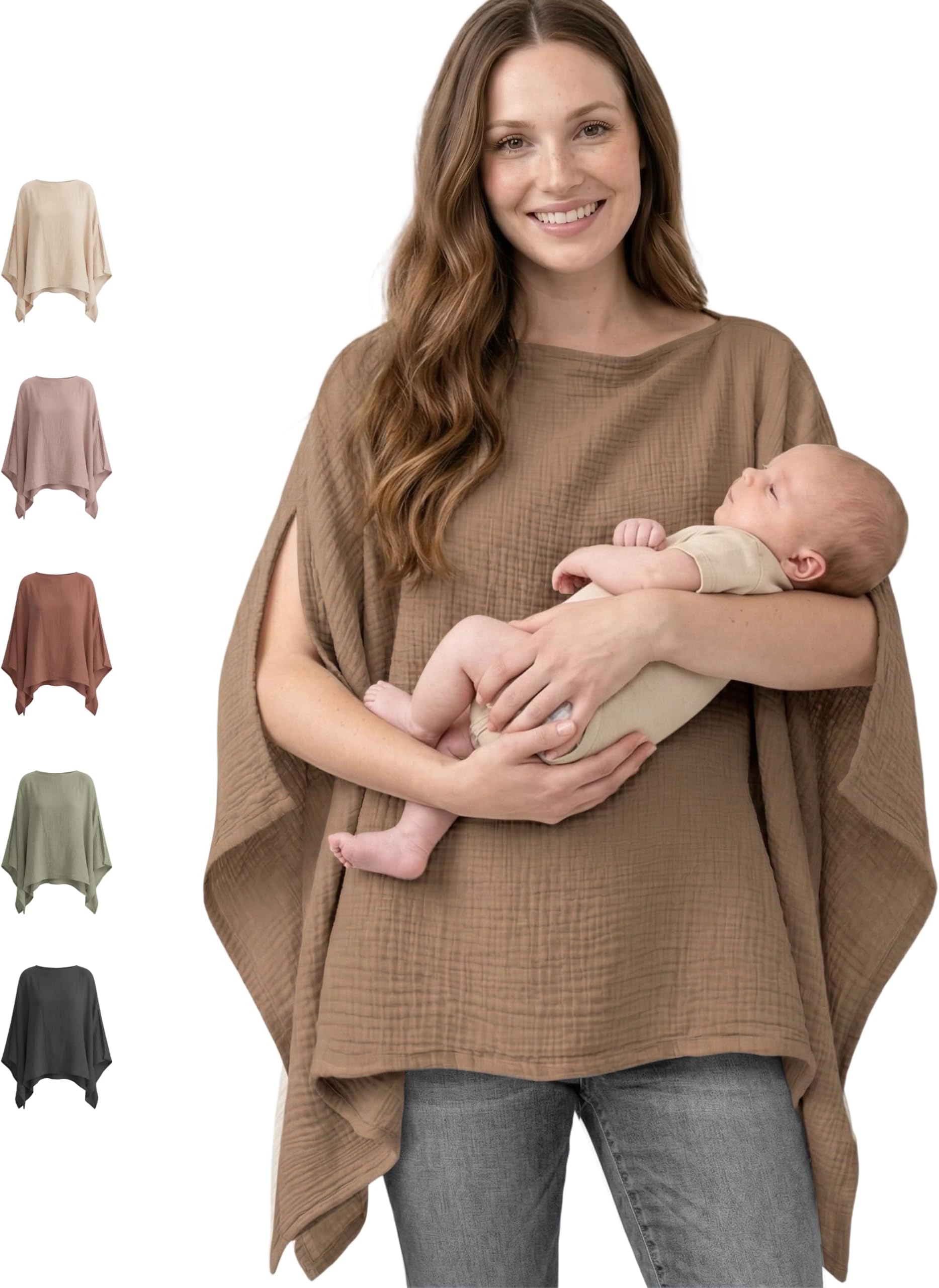 Konssy Muslin Nursing Cover for Breastfeeding, 360° Full Privacy Breathable 100% Cotton Breastfeeding Cover, Multi-use Carseat Canopy(Brown)