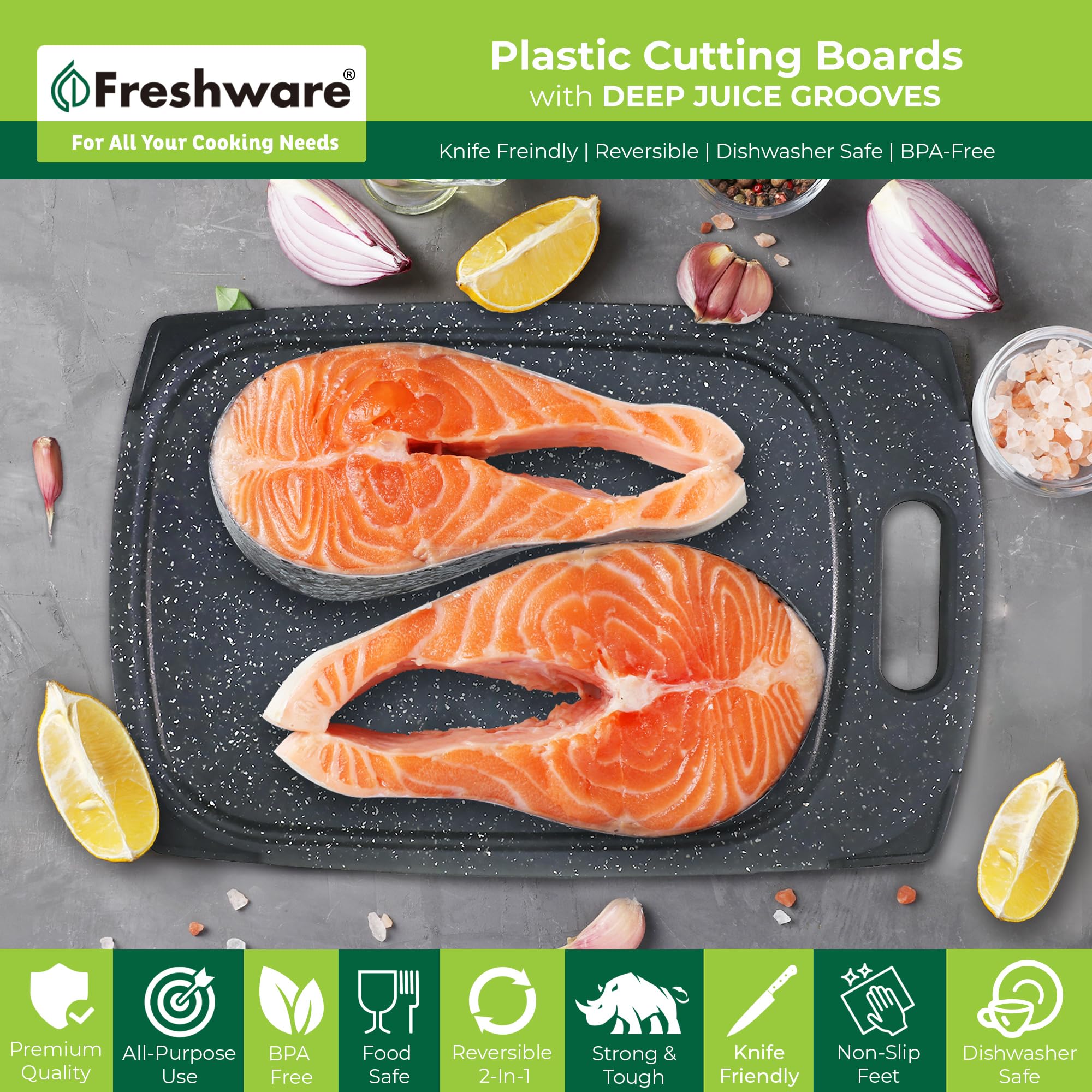 Juego de 3 tablas de cortar de plástico para cocina, ranuras para jugos con mango de fácil agarre, sin BPA, no porosas, aptas para lavavajillas, mármol negro