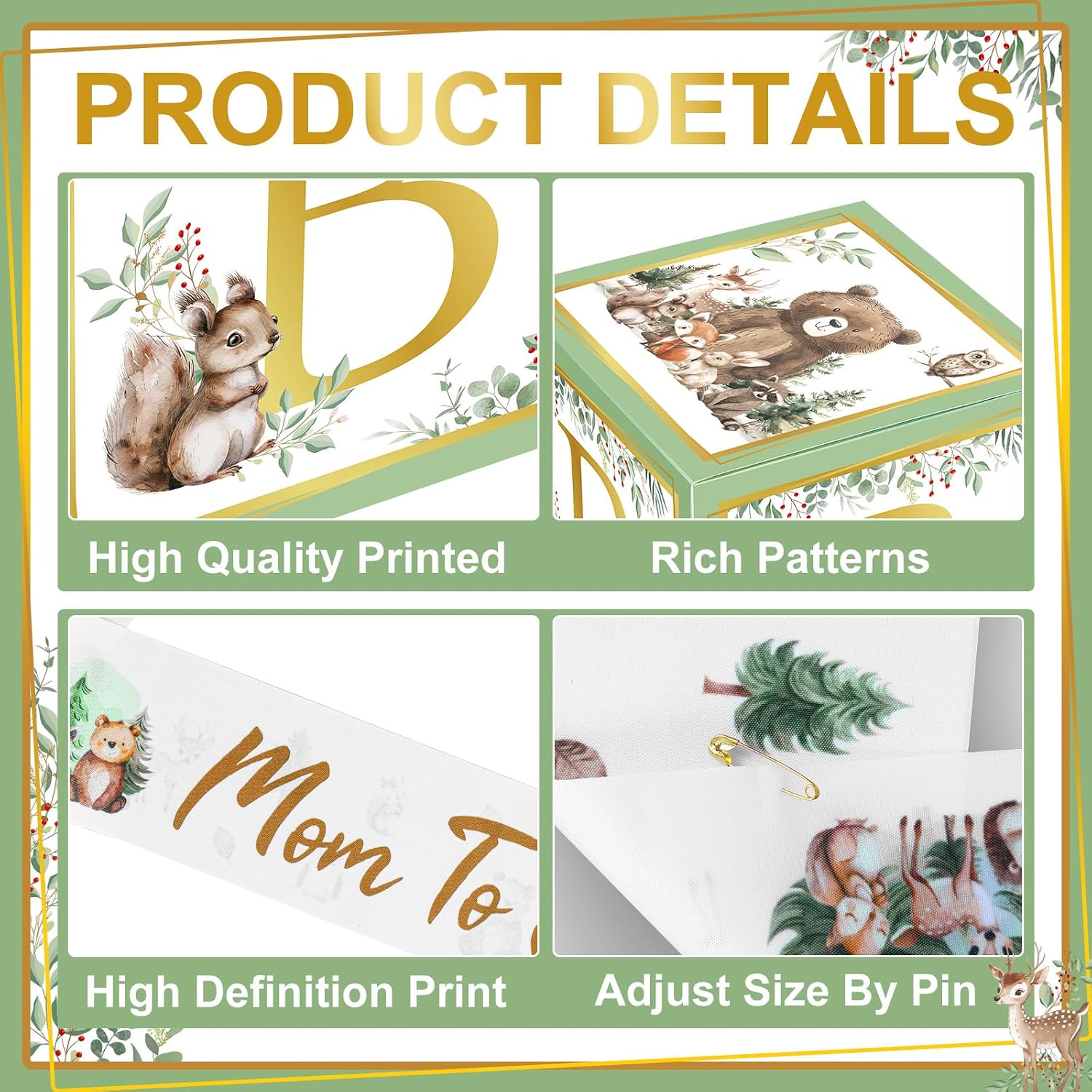 Booson 7 Pcs Woodland Baby Shower Boxes Mom to Be Sash and Pin Sage Green | Forest Animal Birthday Party Favors for Boy Girl Baby Shower Birthday Photo Props Backdrop Gender Reveal Decor