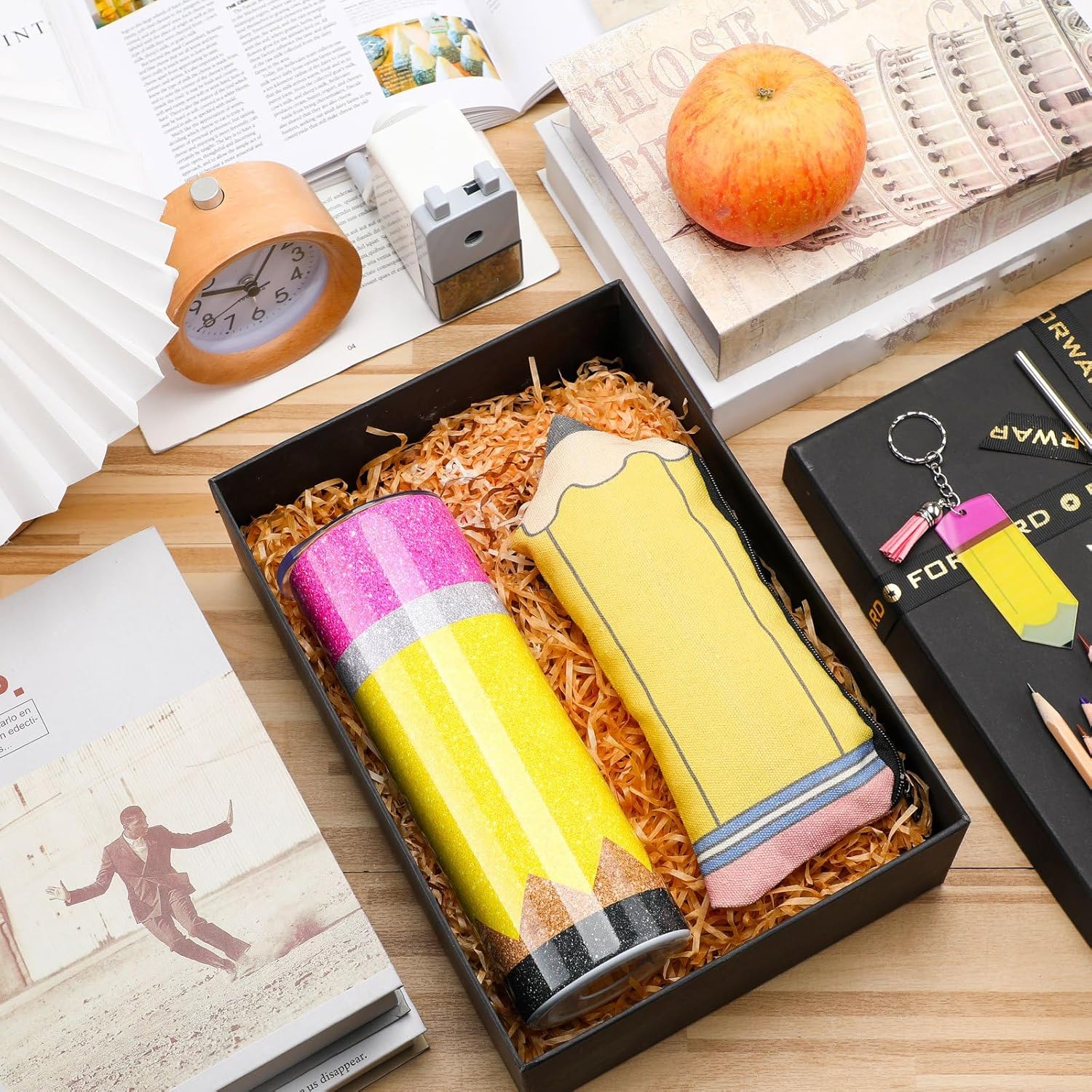 Abbylike 3 Pcs Teacher Appreciation Gifts 20oz Coffee Tumbler Pencil Glitter Tumbler with Lid & Straw Pencil Pouch Keychains Birthday Gifts - Image 2