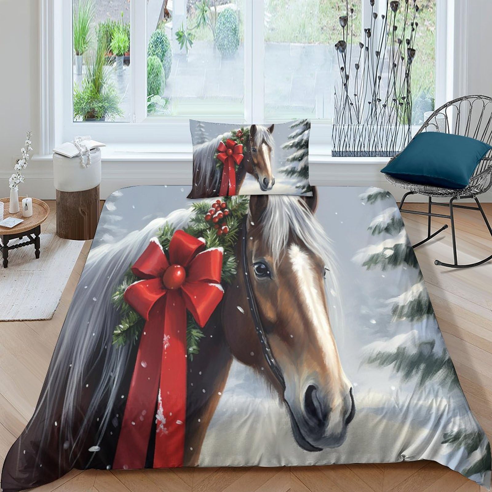 Parure de lit cheval sauvage 3Pcs grise anti-décoloration pour lit simple 135x200