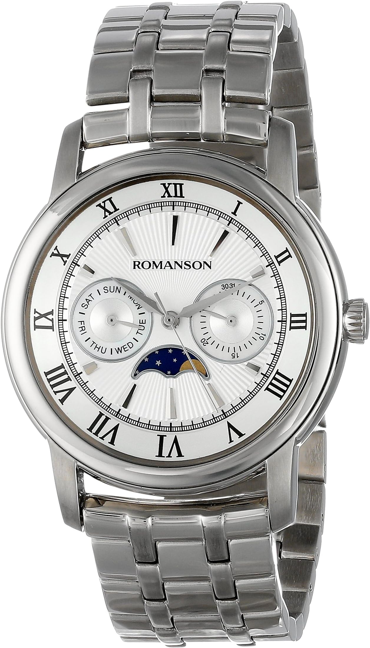 Romanson Men's TM2616FM1WAS2W Classic Three Hand Quartz Moon Phase, Day and Date Functions Watch