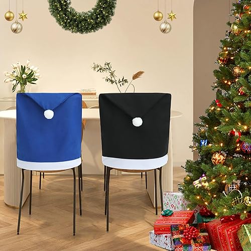 Miniatura 6 de CHOTONIC 4 fundas para sillas de Navidad con sombrero de Papá Noel, no tejidas con sombrero negro, fundas para sillas de comedor de Navidad, fundas