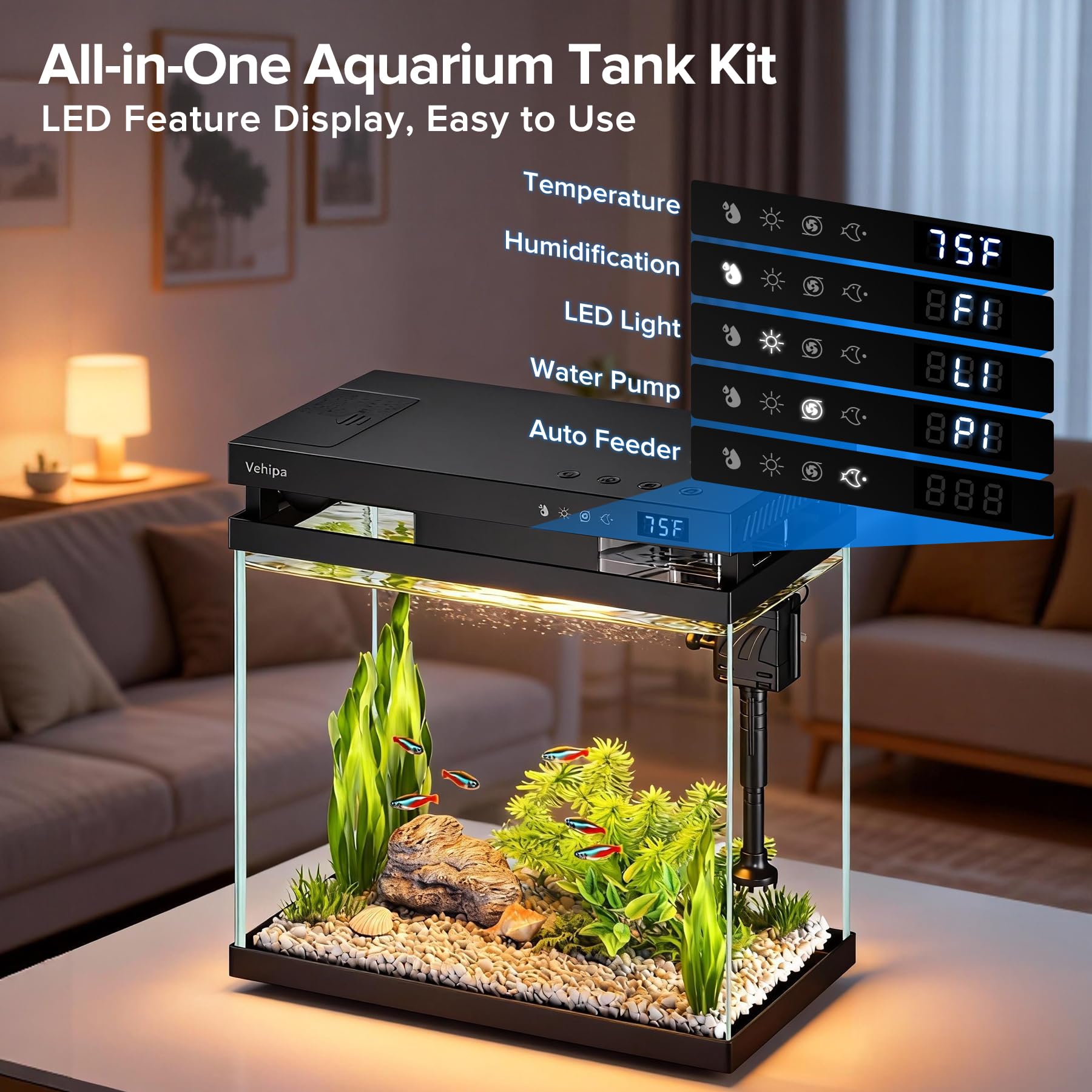Vehipa Fish Tank, kit per acquario intelligente da 8L nero | alimentatore automatico, pompa dell'acqua, display della temperatura, umidificatore e illuminazione a 7 colori