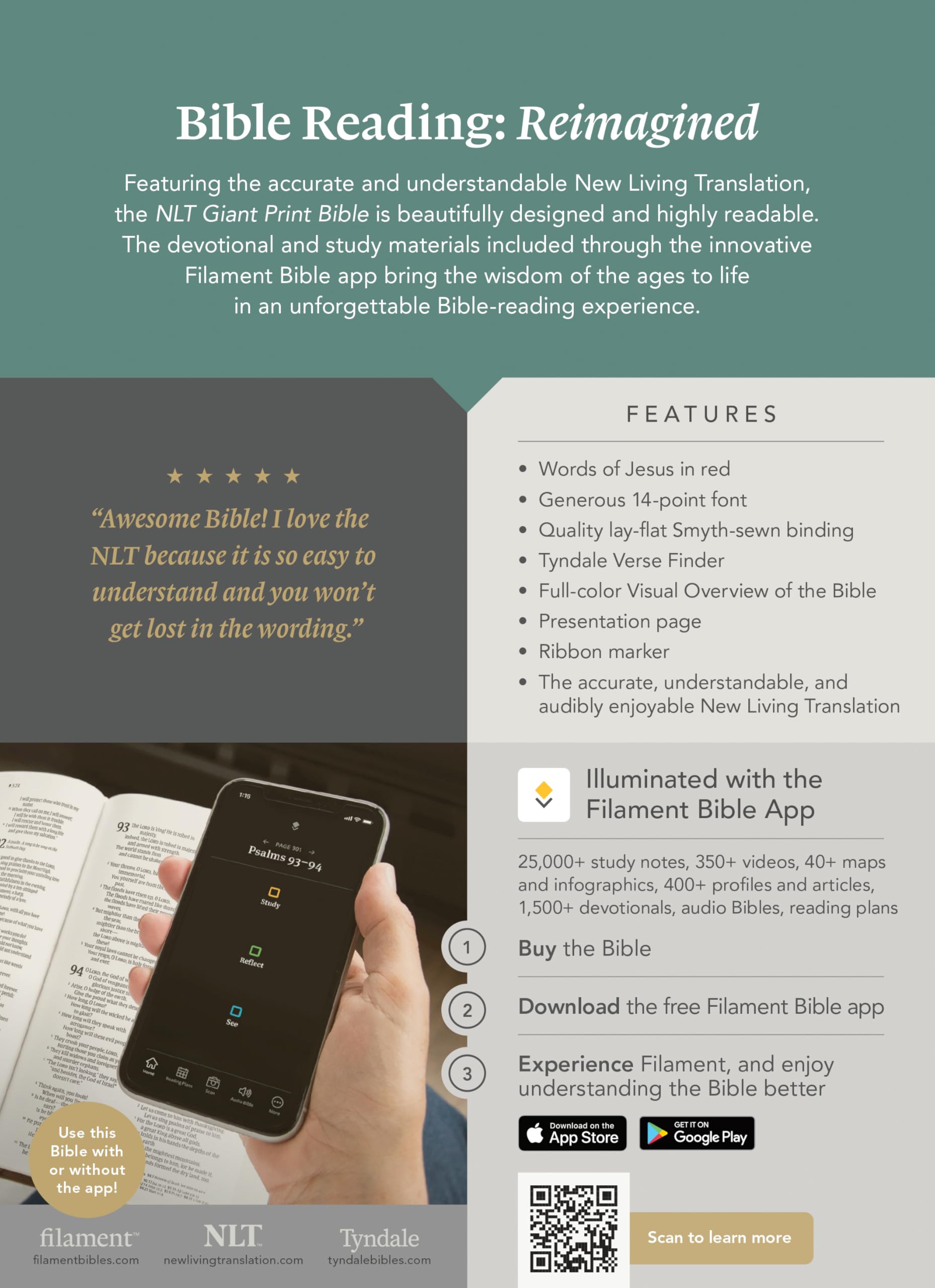 NLT Giant Print Bible, Filament Enabled (Leatherlike, Rustic Brown Gold Cross, Indexed, Red Letter)