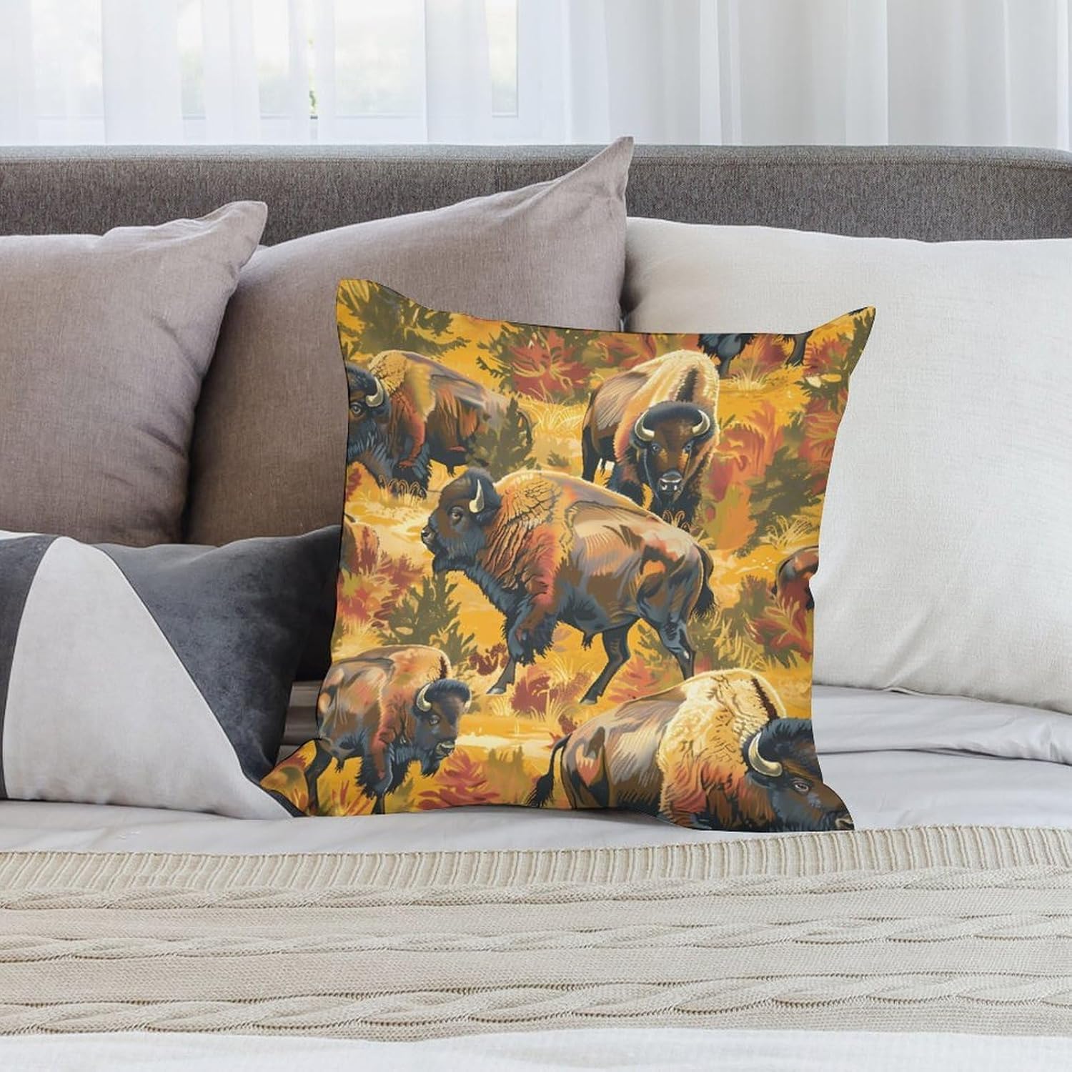 Bison Herd Printed Throw Pillow Case 4 Pcs Soft Pillowcases Pillows Covers Sofa Bed Decor 12/14/16/17/18/20/22/24/32 Inches