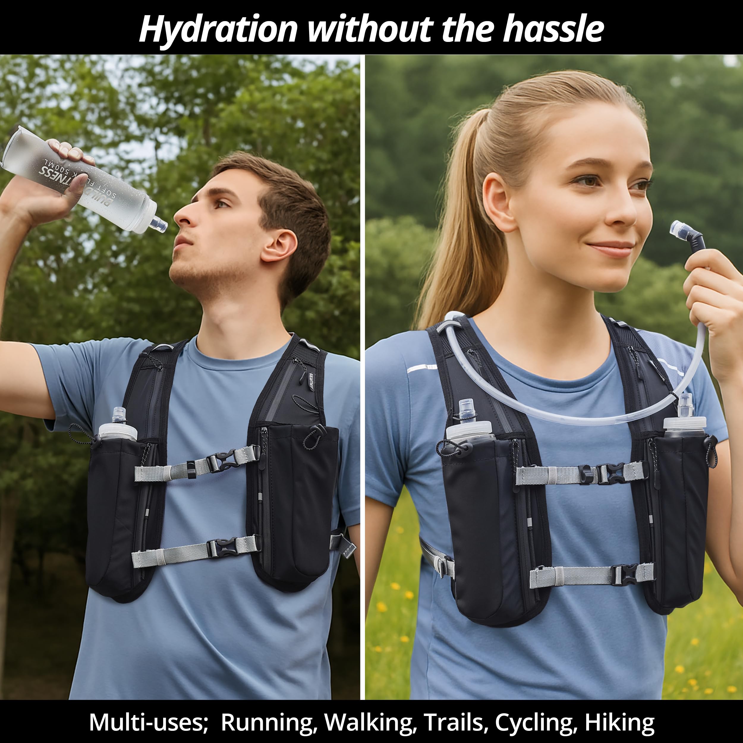 Gilet d'hydratation de Course à Pied pour Femmes et Hommes. Réfléchissant, Séchage Rapide, Résistant à l'eau, Sac à Dos réglable pour Course