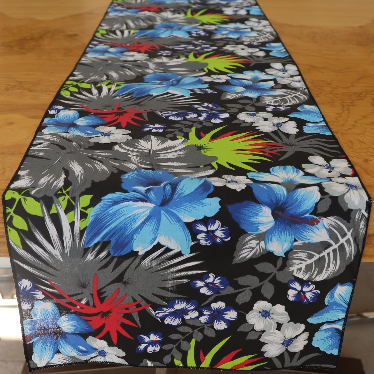 lovemyfabric Cotton Print Tropical Hawaiian Flowers Decorative Table Runner Table Topper Wedding Event Party Home Décor (12"X120", Black)
