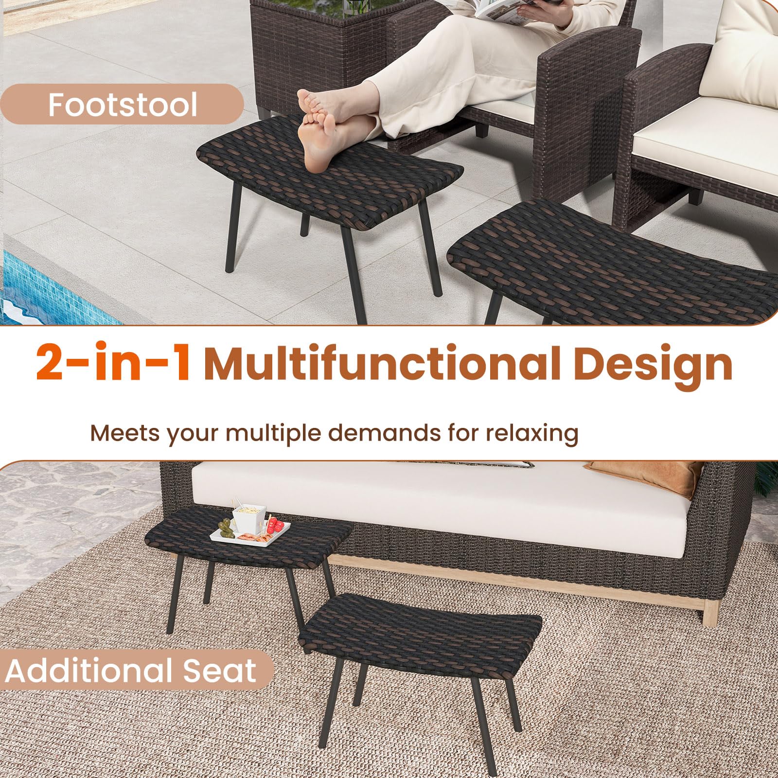 LIFEZEAL Lot 2 Tabourets de Jardin en Rotin PE, Repose Pied pour Salon de Terrasse, Pouf Rembourré en Mousse à Séchage Rapide, Cadre en Métal, Charge 150 kg, Ottomane Extérieur 69x41x38 cm