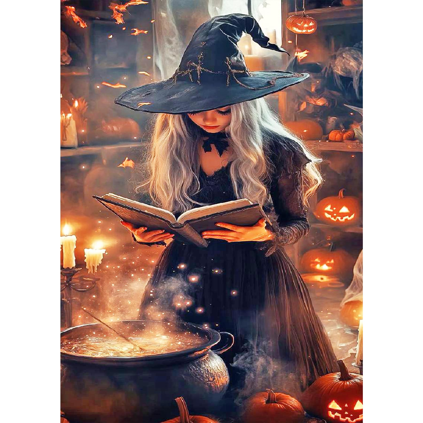 BOWETILE Halloween Witch Diamond Art for Adults Pumpkin with Magic Witch Diamond Painting