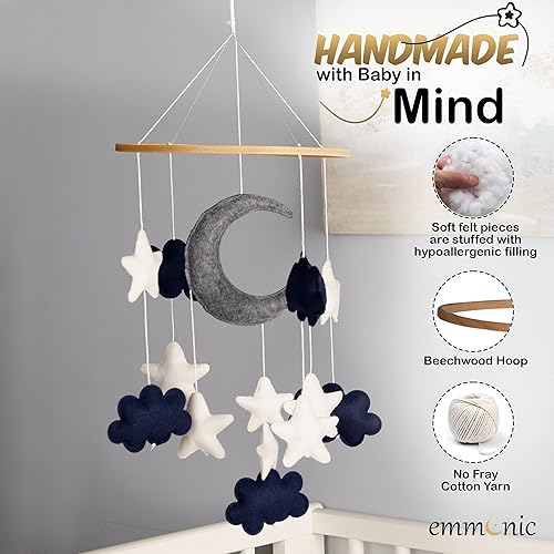 Miniatura 2 de Móvil de bebé para cuna  Luna azul, estrellas y nubes blancas hecho a mano para cuarto de bebé, móvil para cuna para niños