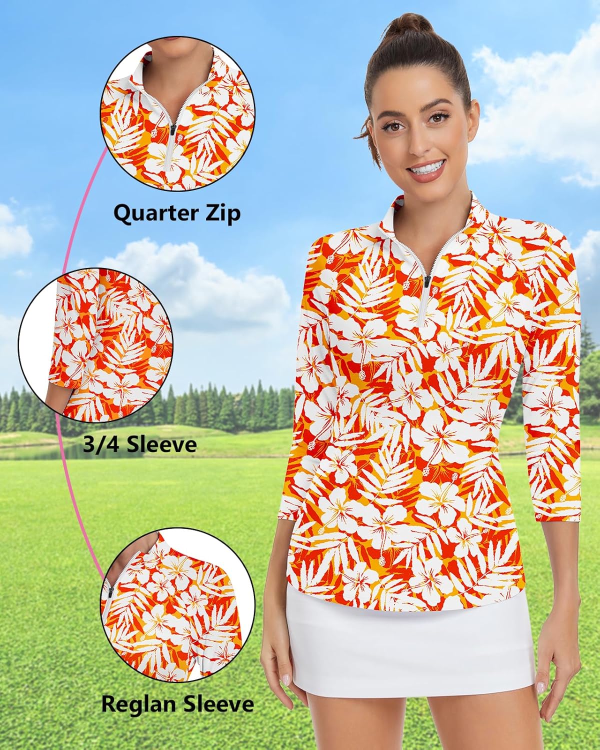 WOWENY Women's 3/4 Sleeve Athletic Golf Shirts Quarter Zip Pullover Collared T-Shirt Workout Print Tennis Top - Image 4