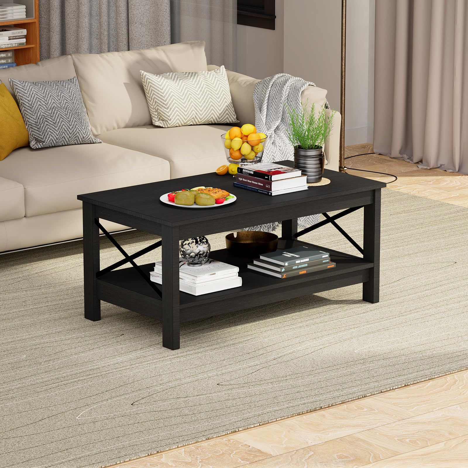 YITAHOME Mesa de Centro Negra con Estante de Almacenamiento, 100 x 55,6 x 45,4 cm, mesas de café Modernas de Granja para Sala de Estar