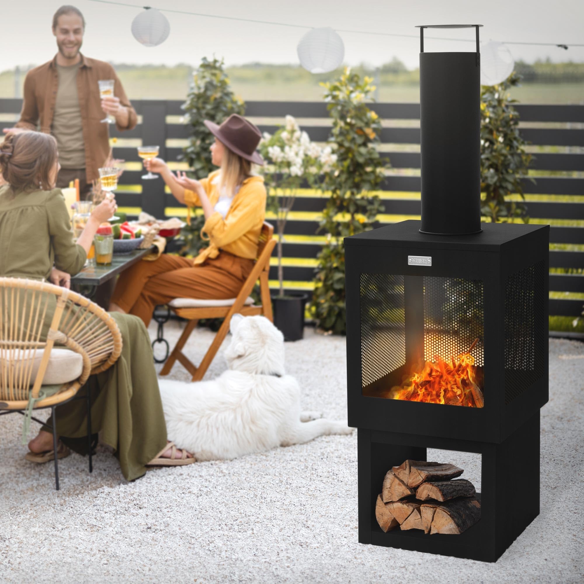 ML-Design Chimenea de Jardín 128 x 40 cm Cuadrada de Acero Negro, Estufa de Terraza para Exterior con Atizador, Techo Desmontable y Compartimento para Leña, Fogata Brasero Hoguera para Camping