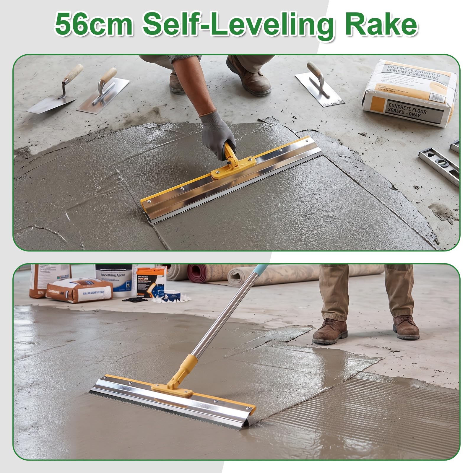 Bodenbeschichtung Entlüftungsroller Set, Stachelwalze Ausgleichsmasse - 56cm Edelstahl Stehrakel, 50cm Entlüftungswalze, Nagelschuhe, Farbroller, Spachtel, Teleskopstiel 42-162cm | Keine Biegearbeiten