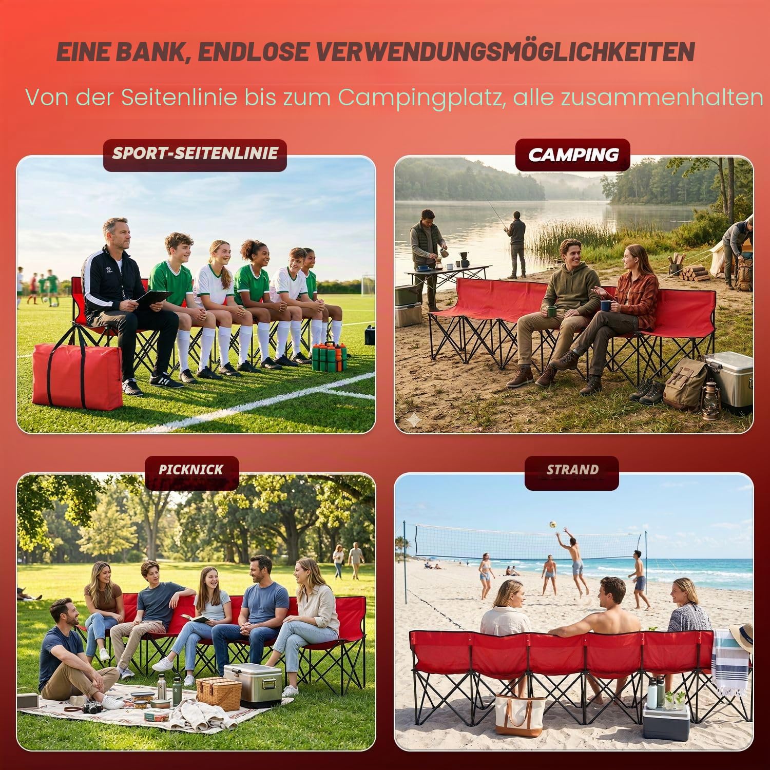 Flexzion Tragbare klappbare Sitzbank, 6‑Sitzer, zusammenklappbare Fußball-Bank, tragbare Sitzbank für Tribünen, Camping, Spielfeldrand, mit Rückenlehne und Tragetasche, Rot